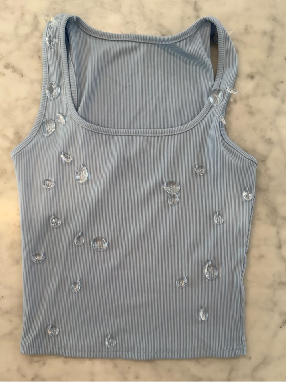 Light Blue Ribbed Tank Top with Crystal Embellishments